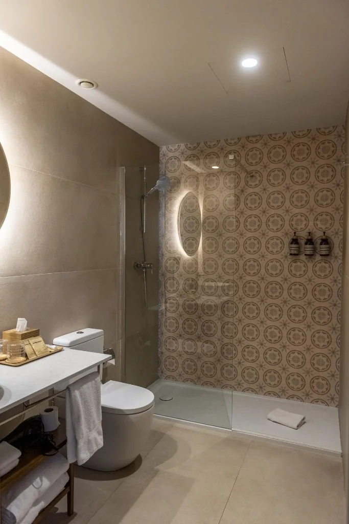 Bathroom with illuminated mirror and shower